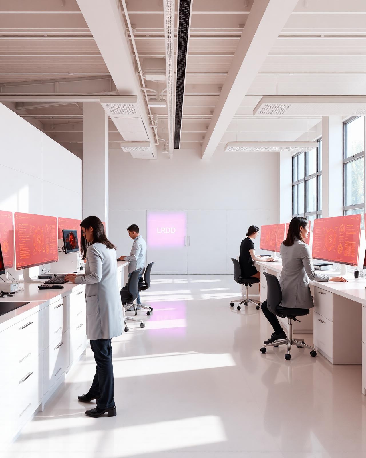 Sarthix Labs — an airy R&D workspace with engineers and holographic displays